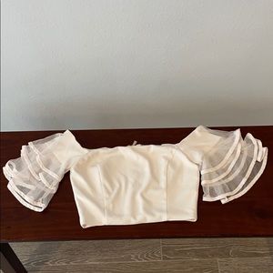 White Ruffle Sleeve Zip-up Top